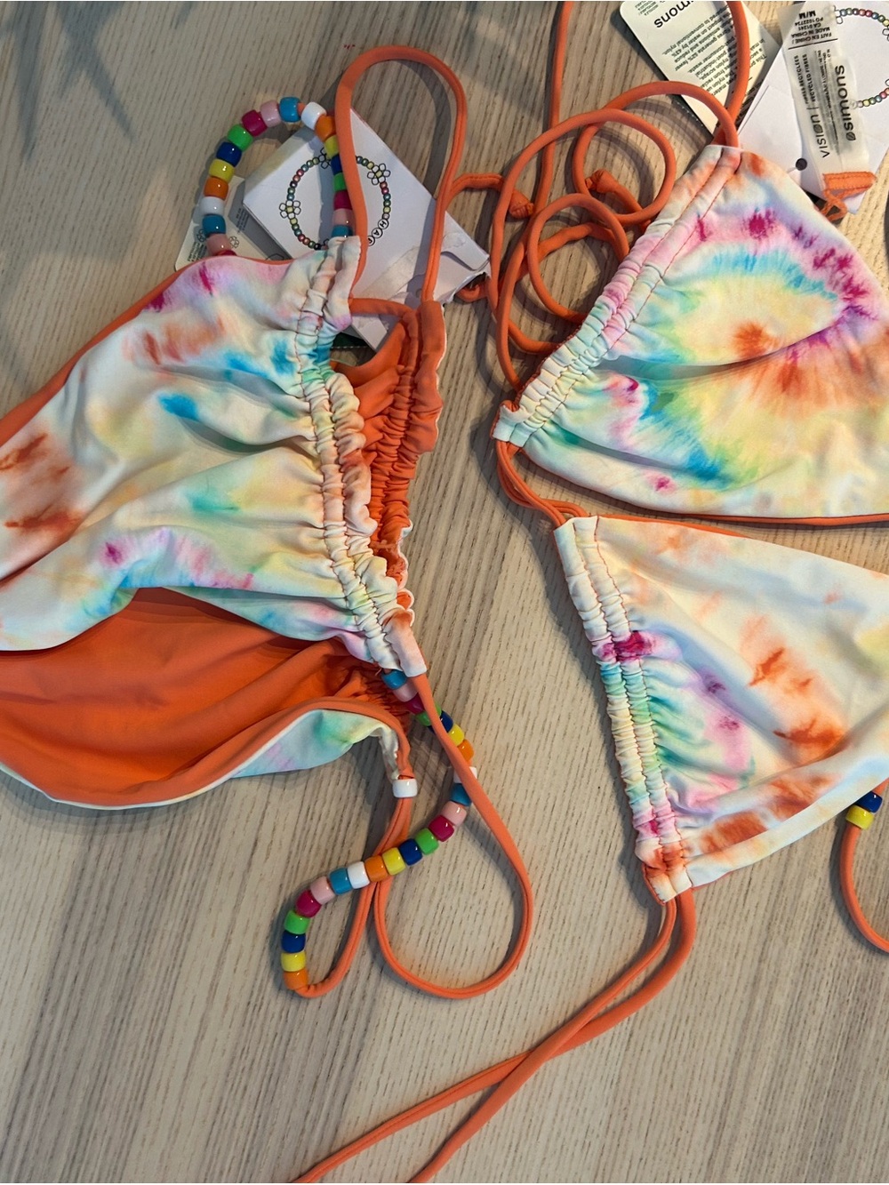 Tie-Dye Orange String Bikini with Bead Detail